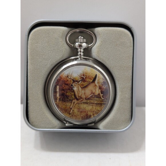 Hautman Brothers Collection Avon Hunters Deer Pocket Watch w/Tin And Chain New - Picture 1 of 8
